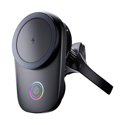 Rotating magnetic wireless car phone holder with circular charging face and vent clip
