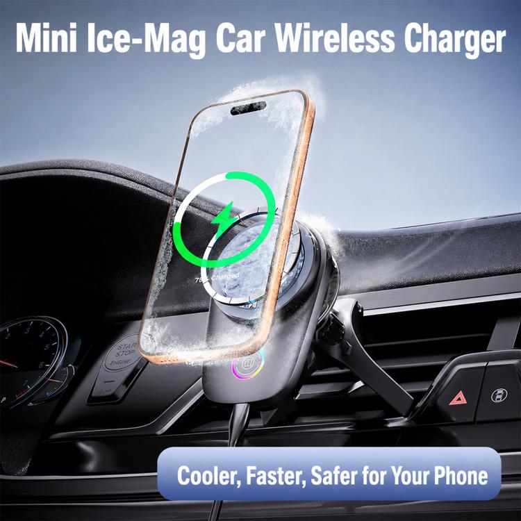 Mini magnetic wireless car charger phone holder attached to car air vent