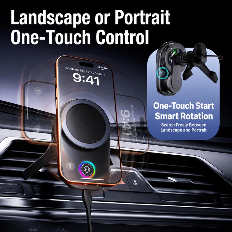 Car wireless phone holder with one-touch rotation and landscape/portrait grip