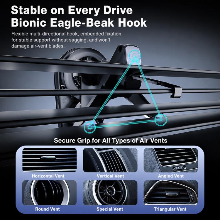 Air vent phone holder with bionic eagle-beak hook securing clamp on vent
