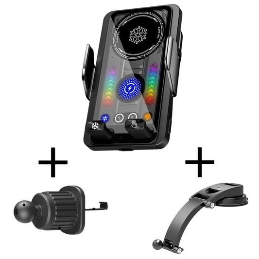 Black wireless magnetic car fast charger holder with air vent clip and suction cup
