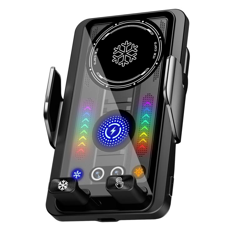 Black wireless magnetic car charger holder with visible LED cooling indicators and fan