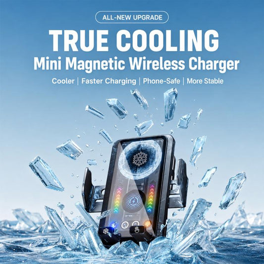 Black mini magnetic wireless car charger holder with cooling fan and LED ring
