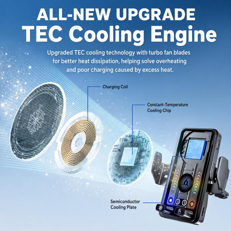 Wireless magnetic car charger holder with cooling engine design on the display module