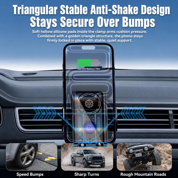 Wireless magnetic car phone charger mounted to the air vent with stable clamp arms