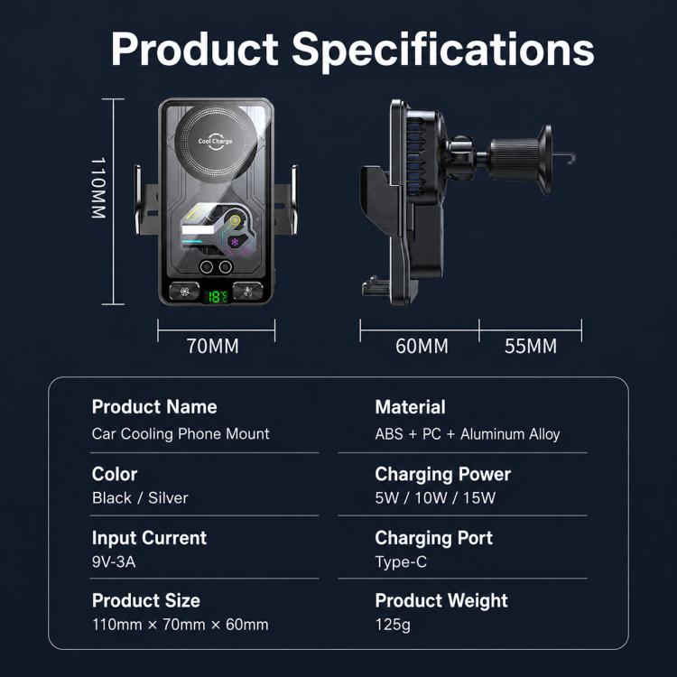 A8 Cooling Wireless Charger Car Air Outlet Holder With Digital display screen
