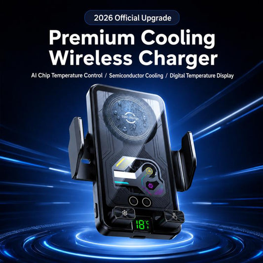 Premium cooling wireless car charger holder with phone cradle and digital temperature display