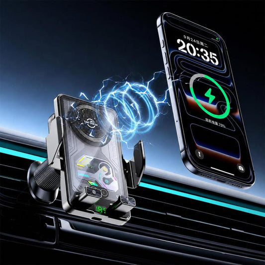 Cooling wireless car air outlet holder with digital display, dashboard-mounted phone stand
