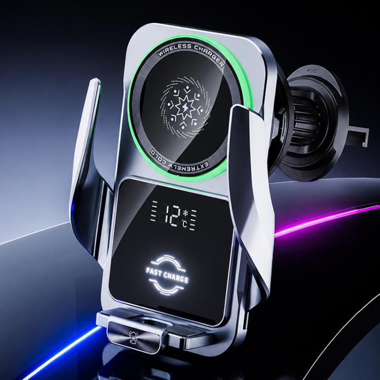 Silver magnetic wireless car air outlet charger with cooling ring and fast-charge display