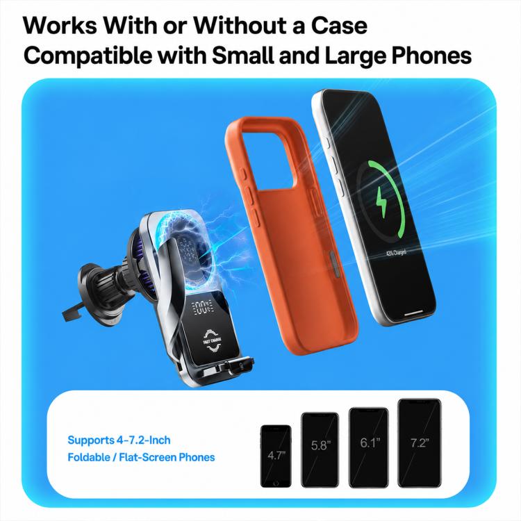 Car air vent magnetic wireless charger holding a phone with and without a case