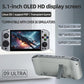 Light gray handheld game console front view with 5.1-inch OLED HD display and side controls.