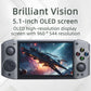 Light gray handheld game console with 5.1-inch OLED screen, D-pad, and four action buttons.
