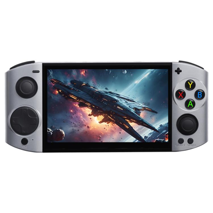 Light gray handheld game console showing 5.1-inch screen, analog sticks, and right-side buttons.