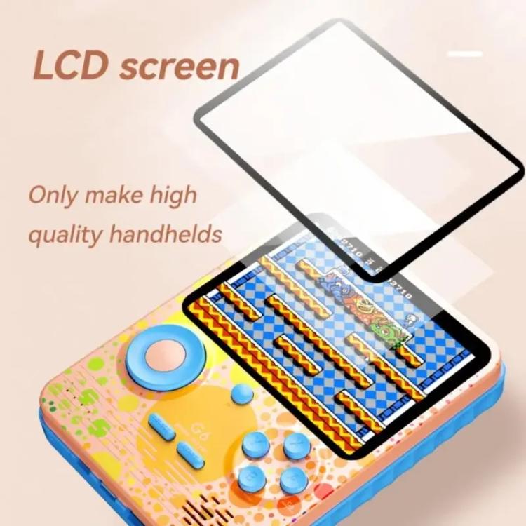 Handheld game console showing LCD screen with colorful button layout