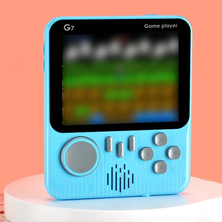 Blue G7 handheld retro games console with screen and circular control pad