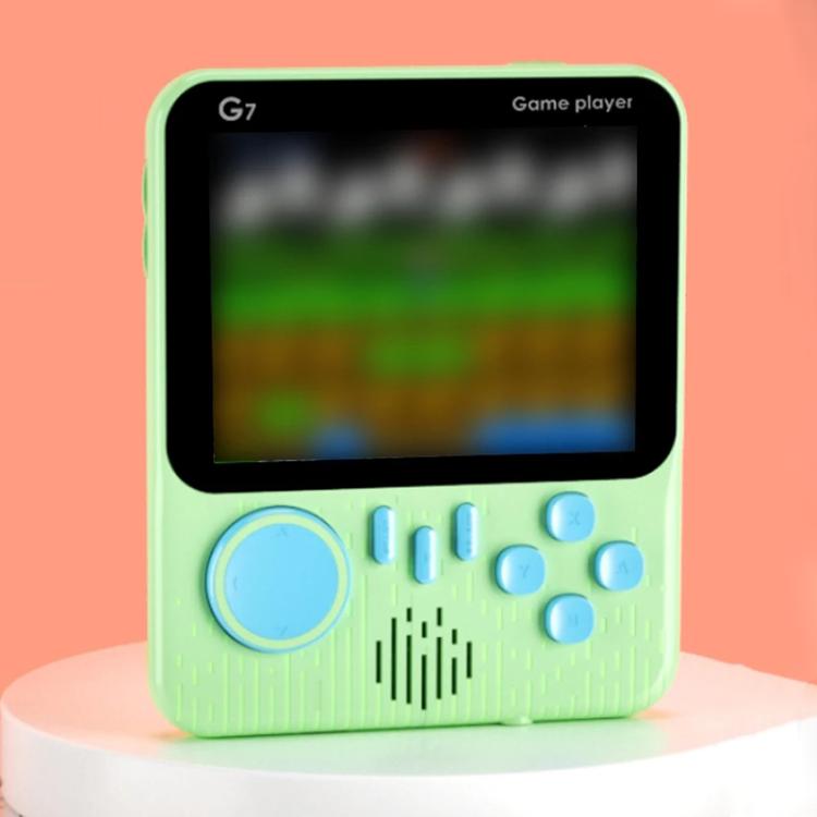 Green G7 handheld retro games console with screen and circular control pad