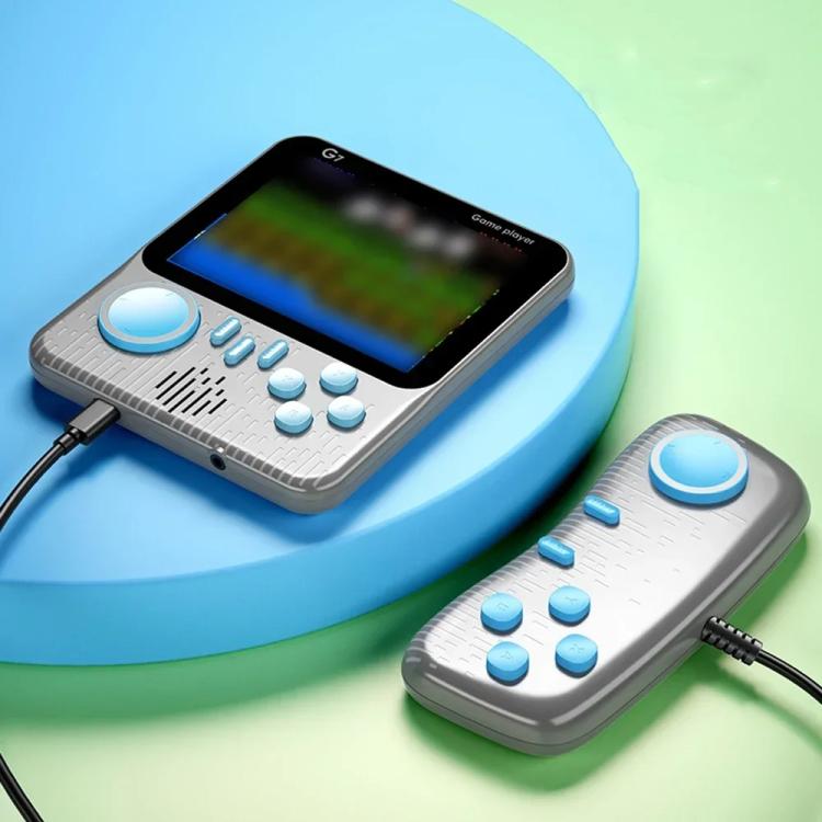 Light gray G7 handheld console with wired controller, screen, and multiple buttons
