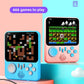 Blue and pink G7 handheld consoles displaying game screens with button controls