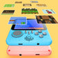 Handheld retro game console with blue screen, round D-pad, and pink bottom buttons