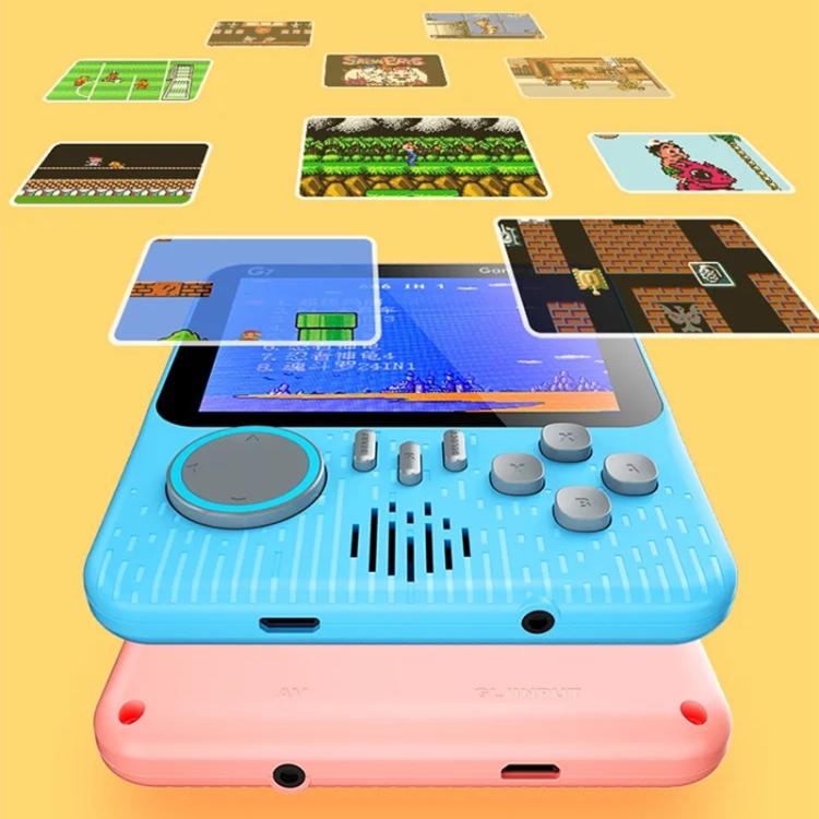 Handheld retro game console with blue screen, round D-pad, and pink bottom buttons