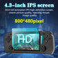 Handheld game console with bright screen and dual analog sticks on black controls