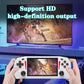 White handheld game console held in hands with built-in screen and buttons
