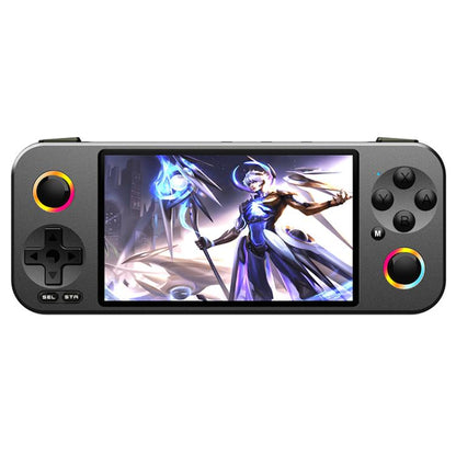 Black handheld game console with 4.5-inch screen and dual joystick buttons