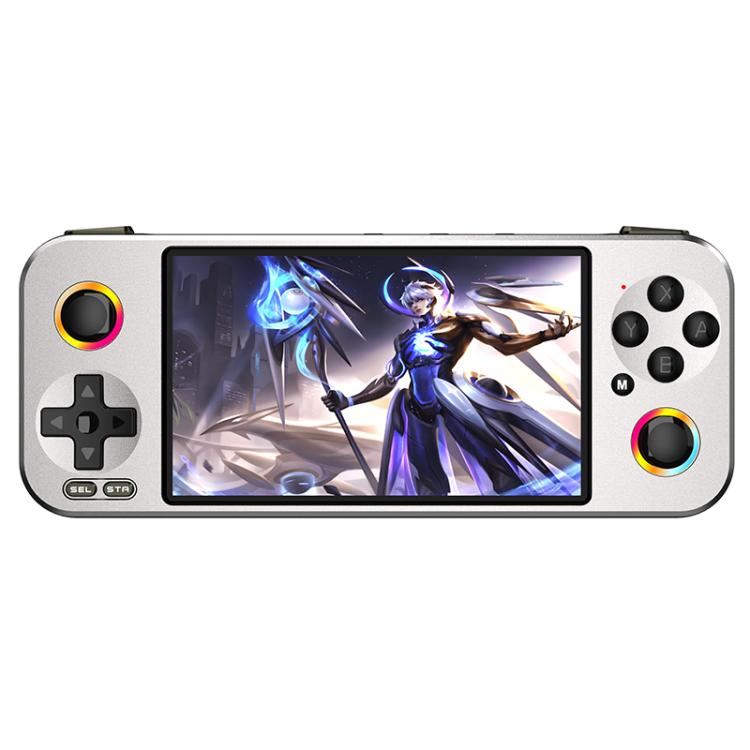 Silver handheld game console with 4.5-inch screen and dual joystick controller