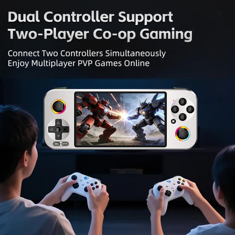 White handheld game console with centered game screen and two controller-style joysticks