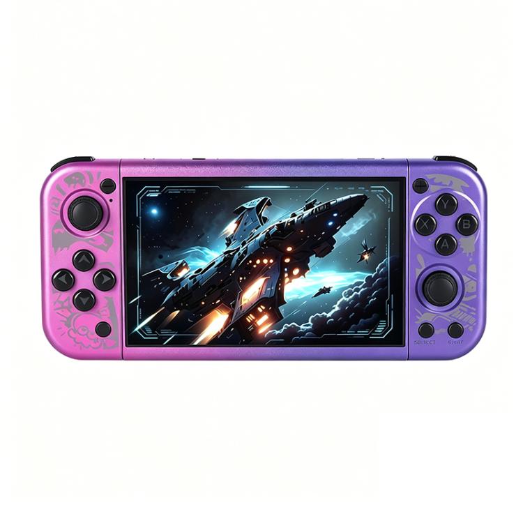 Purple handheld game console with 5-inch display and dual thumb-stick controls