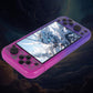 Purple handheld game console angled view with 5-inch screen and side buttons