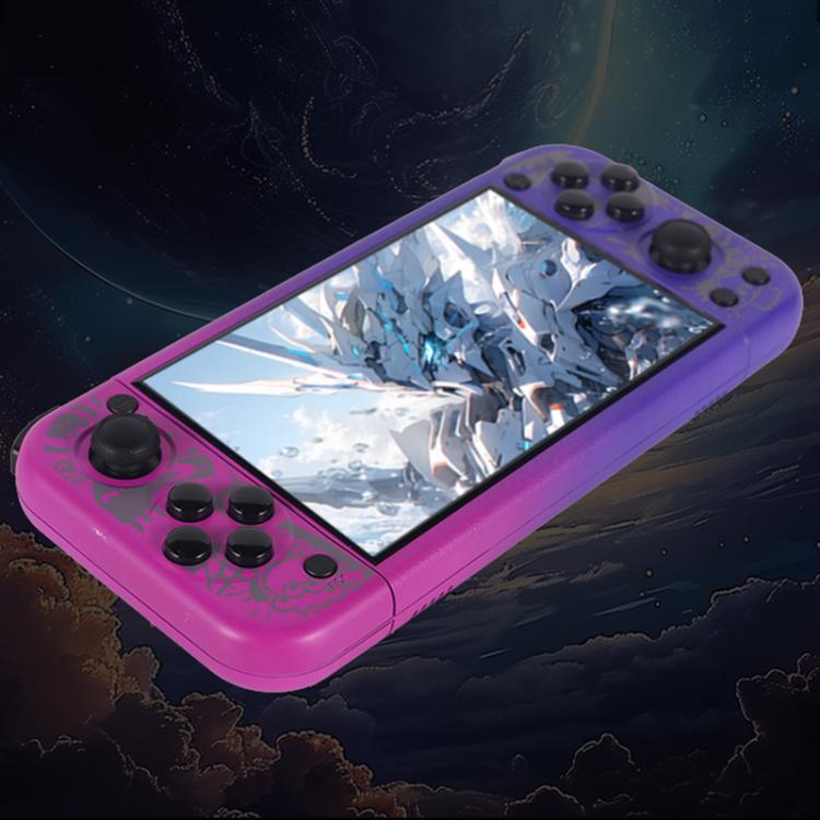 Purple handheld game console angled view with 5-inch screen and side buttons