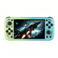 Green handheld game console with 5-inch display and dual thumb-stick controls