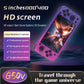 Purple handheld game console on stand with 5-inch HD screen