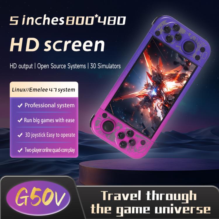 Purple handheld game console on stand with 5-inch HD screen
