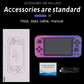 Purple handheld game console with included host, data cable, and manual