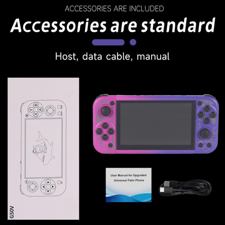 Purple handheld game console with included host, data cable, and manual