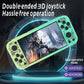 Green handheld game console tilted with dual thumb-sticks and 5-inch screen