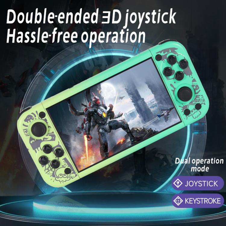 Green handheld game console tilted with dual thumb-sticks and 5-inch screen