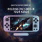 Lavender handheld game console with 5-inch screen and dual thumb-sticks