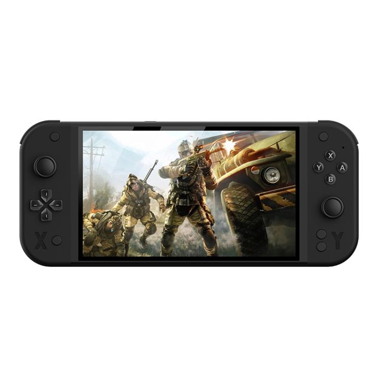 Black handheld game console with 7-inch screen and controller buttons