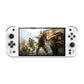 White handheld game console with 7-inch screen and side button grips