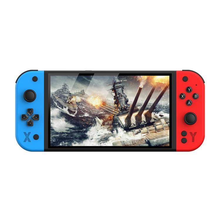 Blue and red handheld game console with 7-inch screen and face buttons