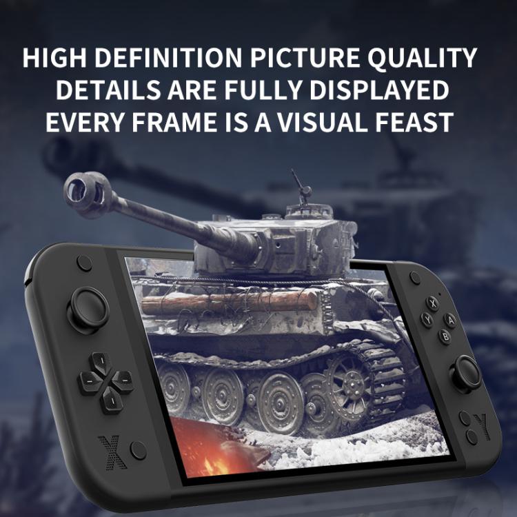 Black handheld game console showing tank gameplay on the 7-inch screen