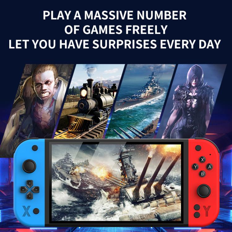 Blue and red handheld game consoles with 7-inch screens and button layout