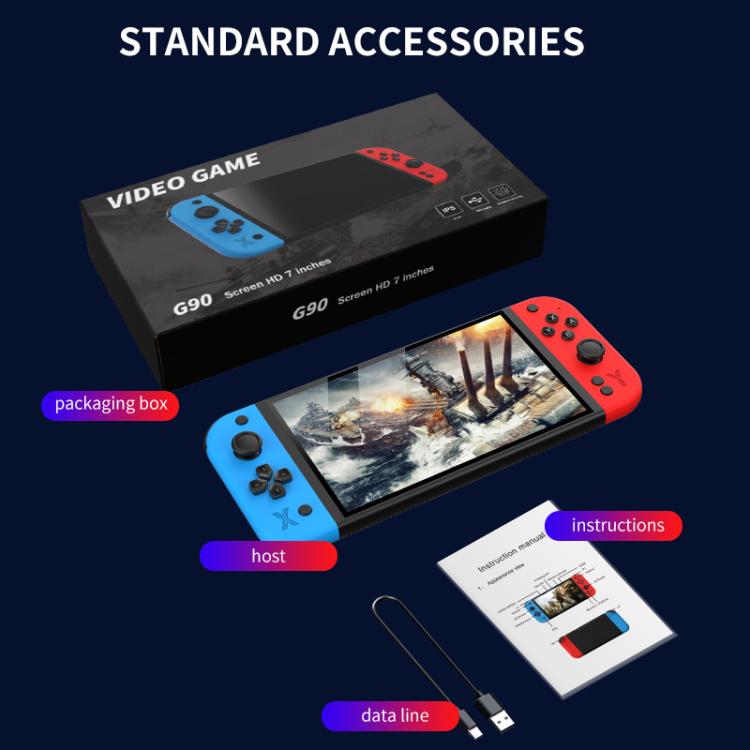 Handheld game console bundle with host, USB cable, and instruction sheet