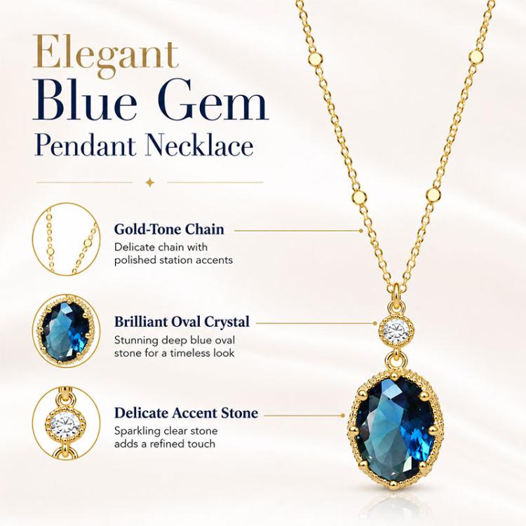 Gold-tone pendant necklace with oval blue gem and small round crystal halo