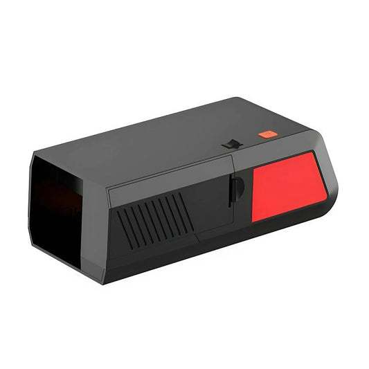 Electric shock mouse trap with dark gray body and red side panel