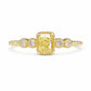 Gold-tone geometric square ring with yellow center stone and four clear round stones.