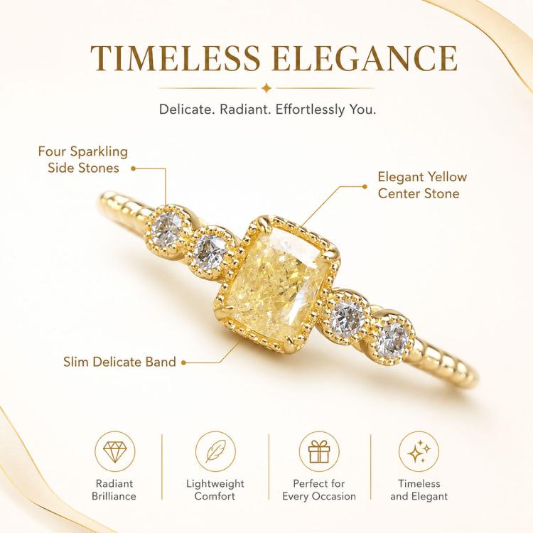 Gold-tone ring with square yellow center stone and four round clear side stones.